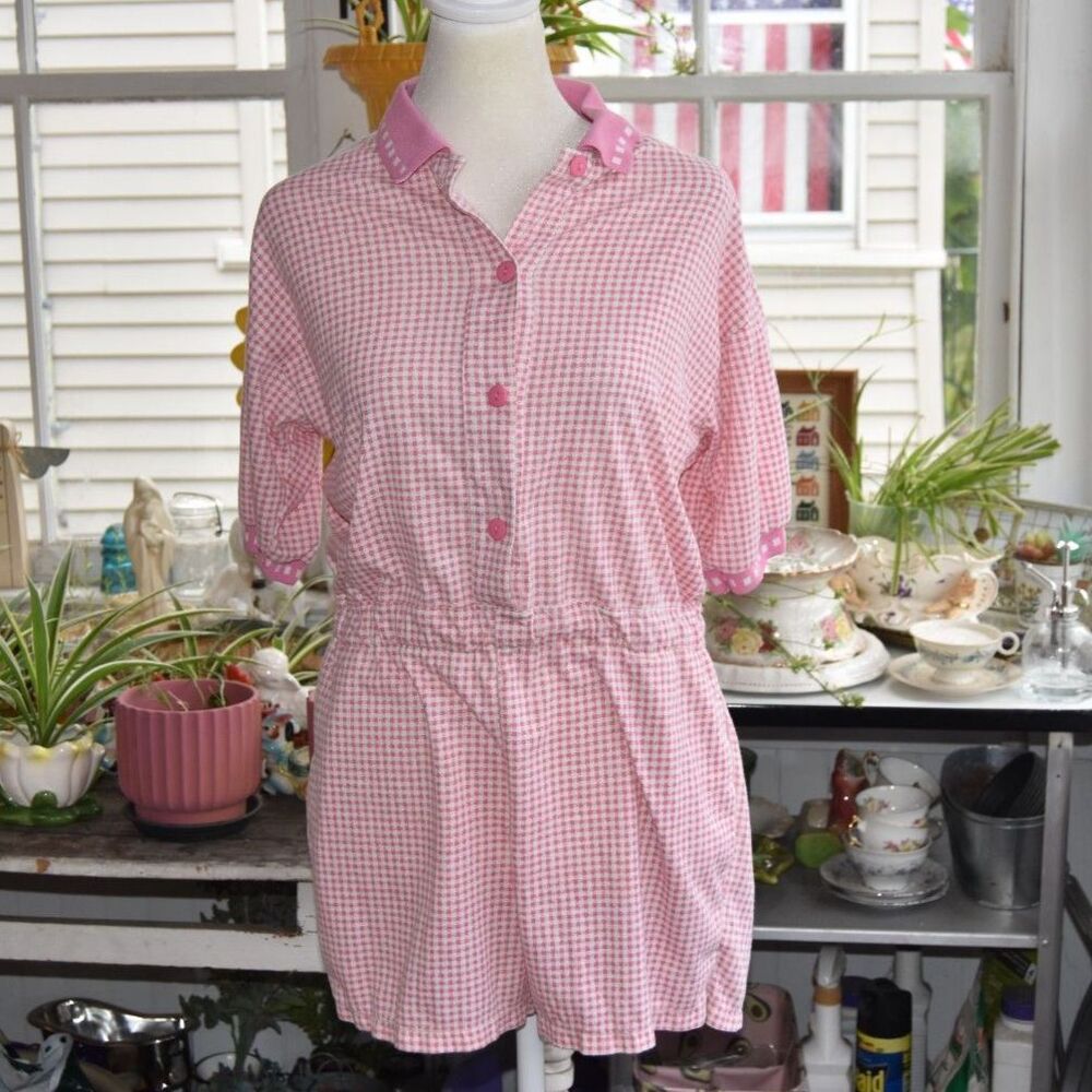 Vintage 80s Bimini Bay Pink Gingham Terry Cloth Romper Playsuit Women’s L